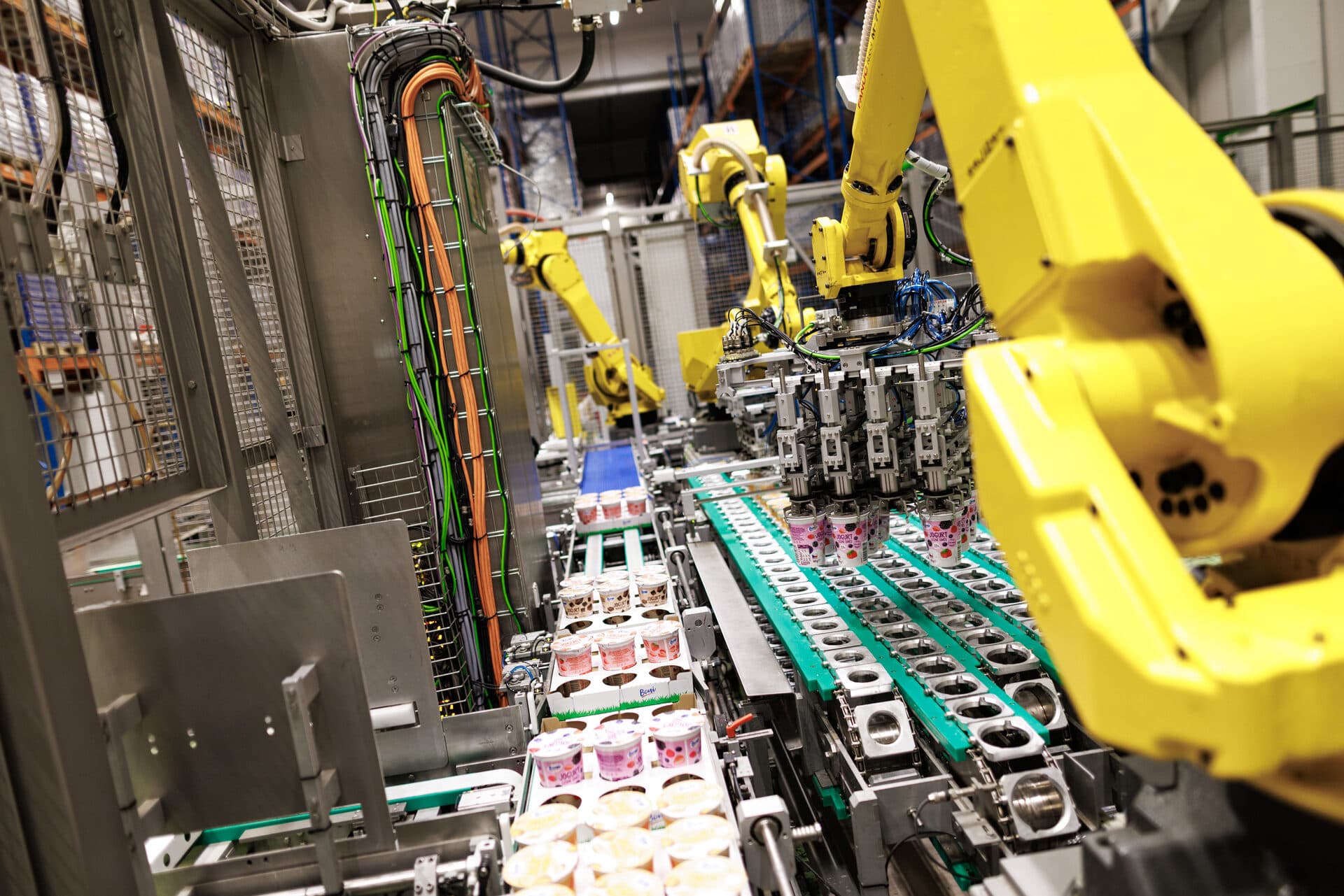Ramiona robotów pakują kubeczki jogurtu na linii produkcyjnej VAS HOPI